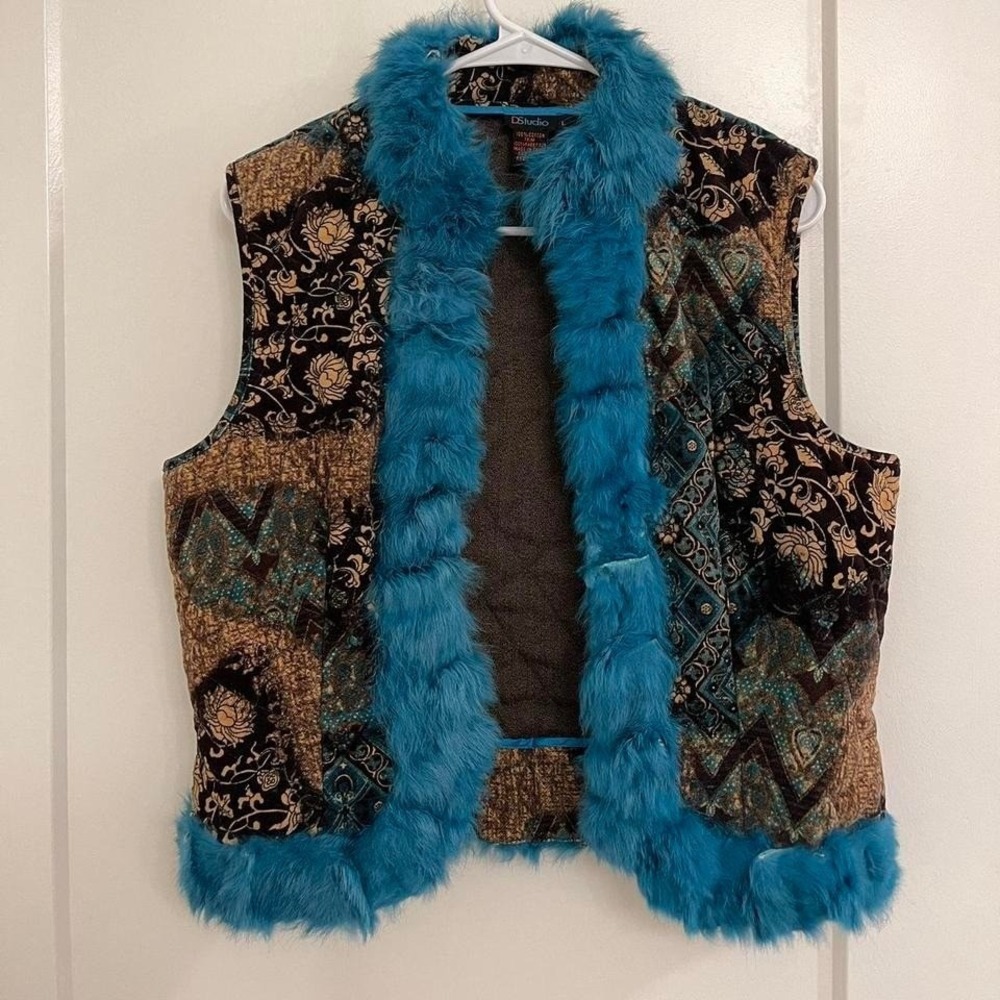 Vintage Y2K Eclectic Rabbit Fur Lined Vest Retro Electric Blue Velvet - Picture 1 of 8